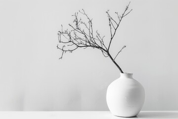 Aufkleber - A sophisticated, minimalistic composition showcasing a bare branch delicately placed in a simple white ceramic vase, representing purity and artistic elegance.