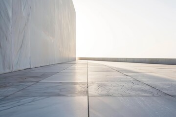 Aufkleber - A stunning minimalist architectural scene featuring a marble floor extending to a brightly lit horizon, reflecting light on a clear day.
