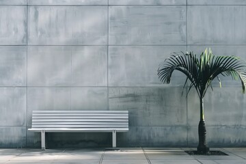 Poster - A sleek modern bench paired with a single palm tree set against a grey wall, blending urban design with natural elements, representing solitude and calm.