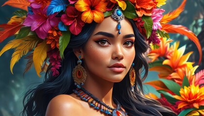 Beautiful Woman with Tropical Flowers.