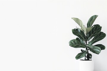 A modern image featuring a fiddle-leaf fig plant in a white pot, placed against a minimalist and bright white background, capturing simplicity and elegance in interior design.