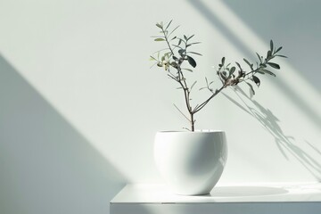 Aufkleber - A minimalist image of an indoor potted plant bathed in natural light and shadows. The white pot and serene setting highlight the calming presence of the plant.