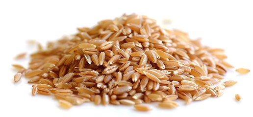 Pile of oat groats on a white background. Oats are a healthy grain used in breakfast cereals, oatmeal, and other foods.