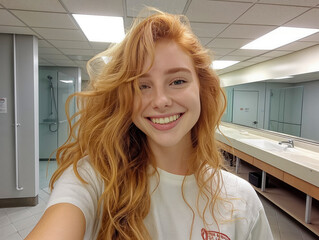 Wall Mural - A woman with red hair is smiling and taking a selfie. She is wearing a white shirt with a red logo on it