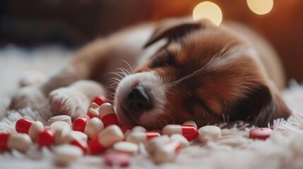 Wall Mural - Sleeping Puppy Surrounded by Pills