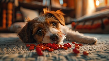 Poster - Adorable Puppy Lying on a Bed with Red Treats