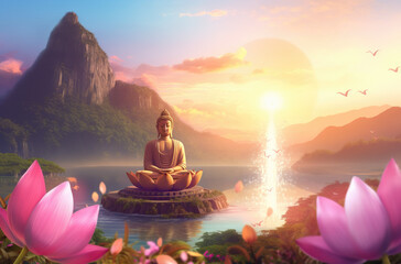 Wall Mural - buddha sitting on a lotus flower, with a background of the sky with the sun and mountains