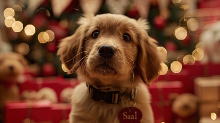 Wall Mural - Golden Retriever Puppy Posing for a Holiday Photo