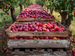 Wall Mural - Bountiful apple harvest in wooden crates under the sun at an orchard in late summer