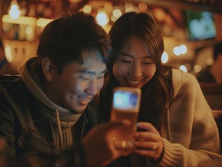 Two young adults enjoying a casual night out at a bar, each engrossed in their cell phone.