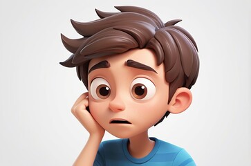 Wall Mural - Confused puzzled cartoon character young boy scratching his head in 3D style design on a white background. Human people questioning thinking concept. Made with generative AI technology