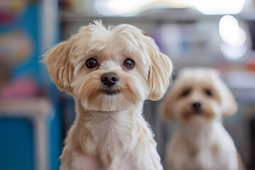 A close-up of two small dogs, one in sharp focus with a neatly groomed appearance and the other slightly blurred in the background.