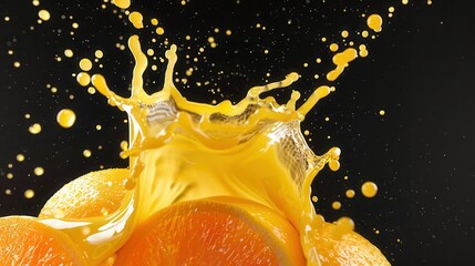 Fresh orange fruit with juice splash closeup view