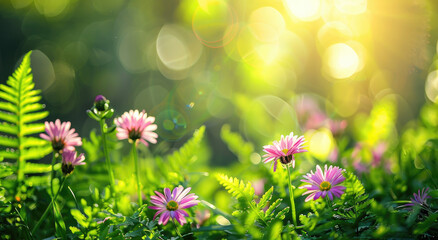 Wall Mural - Beautiful spring nature background with green fern leaves, pink daisies and sun rays through the trees.