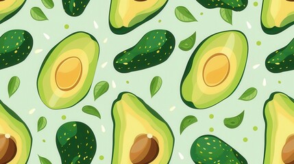 Seamless repetitive pattern background flat vector illustration of fresh avocado fruit