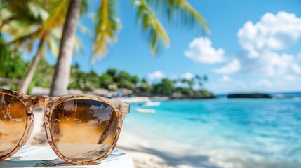 A pair of sunglasses rests on a rock near the ocean, framed by a picturesque tropical scene with blue skies, clear water, and palm trees, embodying stylish vacation vibes.