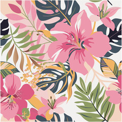 pink hibiscus flower pattern, vector illustration botanical elements background.