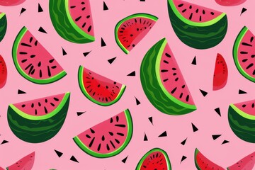 Seamless pattern with watermelon slices on a black background, flat vector illustration. For t-shirt prints and other uses.. Beautiful simple AI generated image in 4K, unique.