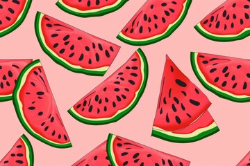 Seamless pattern with watermelon slices on a black background, flat vector illustration. For t-shirt prints and other uses.. Beautiful simple AI generated image in 4K, unique.