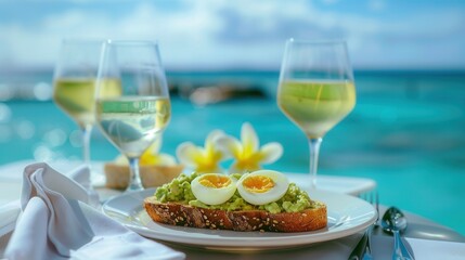 Luxury meal on table with sea