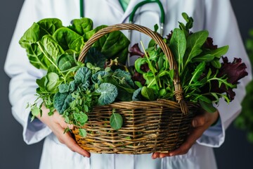 A medical expert in a white lab coat holds a wicker basket filled with an assortment of fresh leafy greens, symbolizing the importance of healthy, natural food in everyday life.