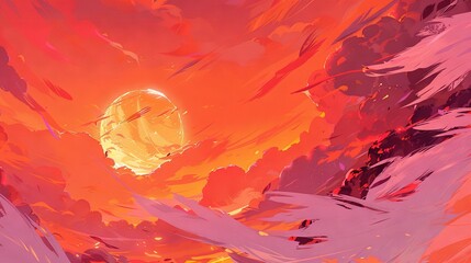 Wall Mural -   A vibrant digital painting of a sunset, featuring dramatic clouds and a glowing sun in the sky, with shades of brilliant orange and captivating pink