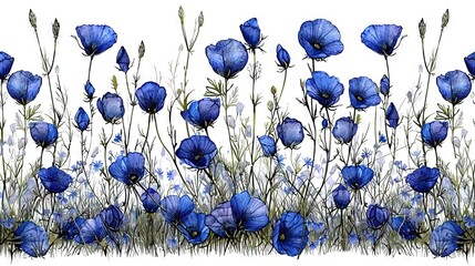 Wall Mural -   A canvas depicts various blue blossoms amidst green foliage against a pure white backdrop