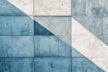 Poster - Blue and white concrete wall featuring intersecting diagonal lines creating a modern abstract design, exhibiting texture, shadow play, and artistic geometric patterns.
