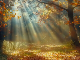 Canvas Print - A bright sunny day in a forest with a tree in the foreground. The sun is shining through the leaves of the tree, creating a beautiful and peaceful scene