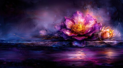 Wall Mural -   A depiction of a lilac blossom perched atop a tranquil body of water, mirrored in its surface below