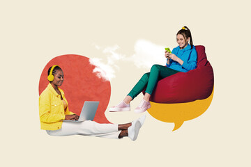 Sticker - Composite trend artwork image collage of speech cloud textbox empty space two young lady online meeting chat sit beanbag type phone laptop