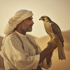 an arab man holds a falcon on his arm