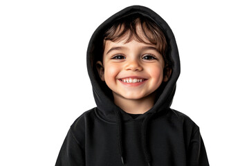 smiling young boy in black hoodie on transparent background