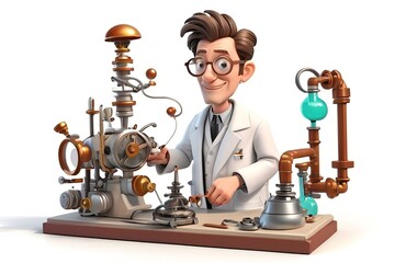 Wall Mural - Eccentric inventor with a lab coat and quirky gadgets, working on a strange contraption in 3D style on a white background. Made with generative AI technolo