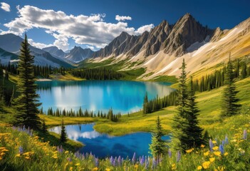 Wall Mural - breathtaking landscapes showcasing stunning beauty majestic lush vibrant skies, nature, mountain, sky, greenery, scenery, horizon, view, clouds, trees