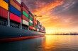 © ChaoticMind - A massive container ship docked at harbor during sunset, with colorful shipping containers and a picturesque sky, representing global trade and transportation.