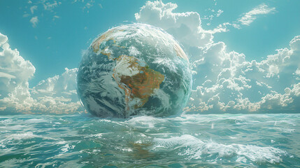  a small, green globe with water and plants around it. It looks like the Earth is sinking into the water.