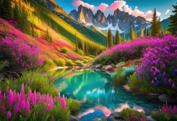 Wall Mural - vibrant landscapes showcasing breathtaking natural wonders lush majestic crystal clear waters under colorful sky, nature, scenery, mountain, greenery