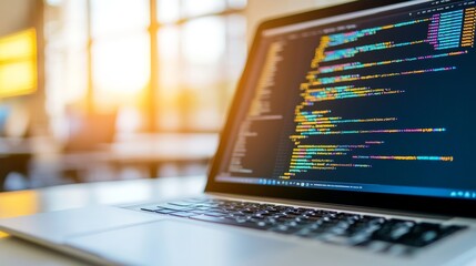 Laptop on a desk with coding running wallpaper