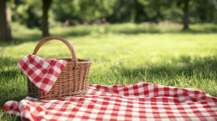 Picnic basket with red checkered duvet on the grass. Picnic gingham plaid