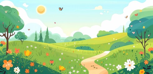 Wall Mural - flat vector illustration of spring landscape with green hills, trees and flowers, butterfly on the road, simple flat design cartoon style