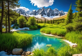 Wall Mural - vibrant landscapes showcasing breathtaking natural wonders lush majestic clear blue serene waterfalls, mountain, sky, greenery, forest, view, horizon