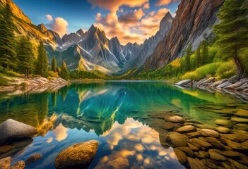 Wall Mural - breathtaking landscapes showcasing majestic mountains reflected serene waters under clear blue sky, reflection, nature, scenery, view, cloud, river, peak