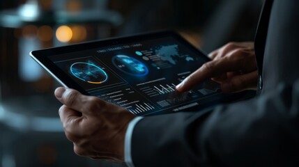 A man is holding a tablet with a screen displaying a map of the world