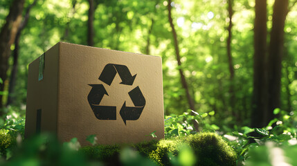 A green recycling symbol on the box in the jungle, showing eco-friendly design and environmental conservation