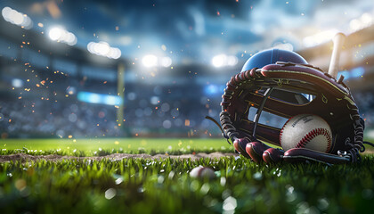 Wall Mural - Baseball bat, glove, helmet and ball on grass at stadium. Banner design with space for text