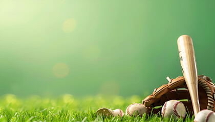 Baseball bat, glove, helmet and ball on grass at stadium. Banner design with space for text