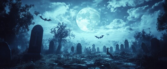 Wall Mural - An ominous zombie jumps out of a graveyard spooky scary dark night with a full moon and bats on a tree. Holiday event halloween banner background concept.