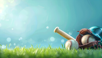 Wall Mural - Baseball bat, glove, helmet and ball on grass at stadium. Banner design with space for text