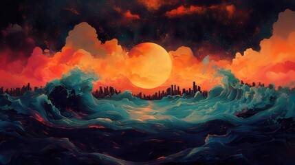 Surrealistic illustration of a city with huge post-apocalyptic waves.